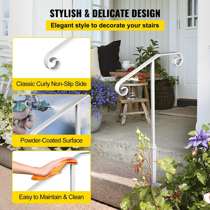 Single Post Handrail Handrail Wrought Iron Fits 1 or 2 Steps Matte White