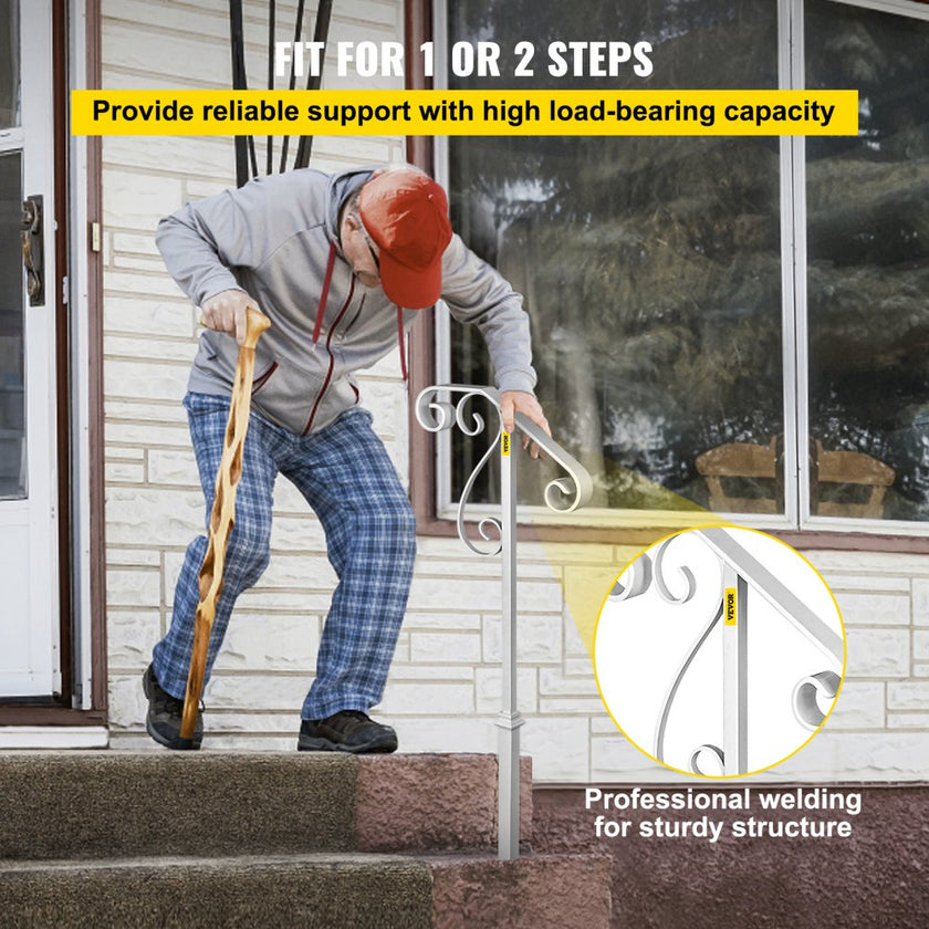 VEVOR Handrails for Outdoor Steps, Fit 1 or 2 Steps Outdoor Stair Railing, Single Post Wrought Iron Handrail Flower Design, White Porch Railings for Concrete Steps or Wooden Stairs Without Base