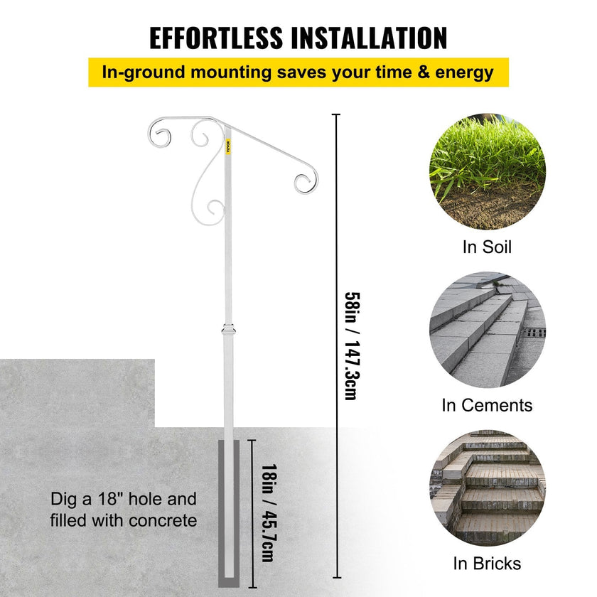 VEVOR Single Post Handrail Wrought Iron Post Mount Step Grab Supports in Ground Long Post Fits 1 or 2 Steps Grab Rail Single Post Railing