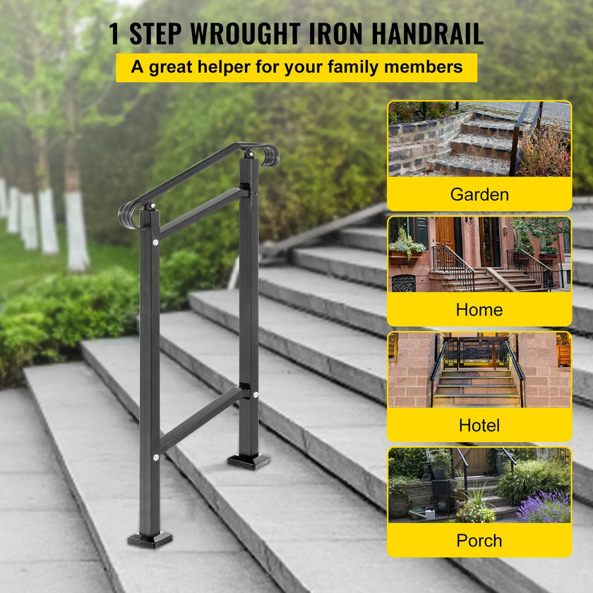 VEVOR Wrought Iron Handrail, Fit 1 or 2 Steps Outdoor Stair Railing, Adjustable Front Porch Hand Rail, Black Transitional Hand railings for Concrete Steps or Wooden Stairs with Installation Kit