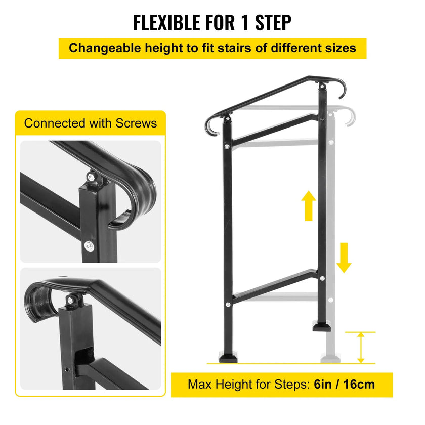 VEVOR Wrought Iron Handrail, Fit 1 or 2 Steps Outdoor Stair Railing, Adjustable Front Porch Hand Rail, Black Transitional Hand railings for Concrete Steps or Wooden Stairs with Installation Kit