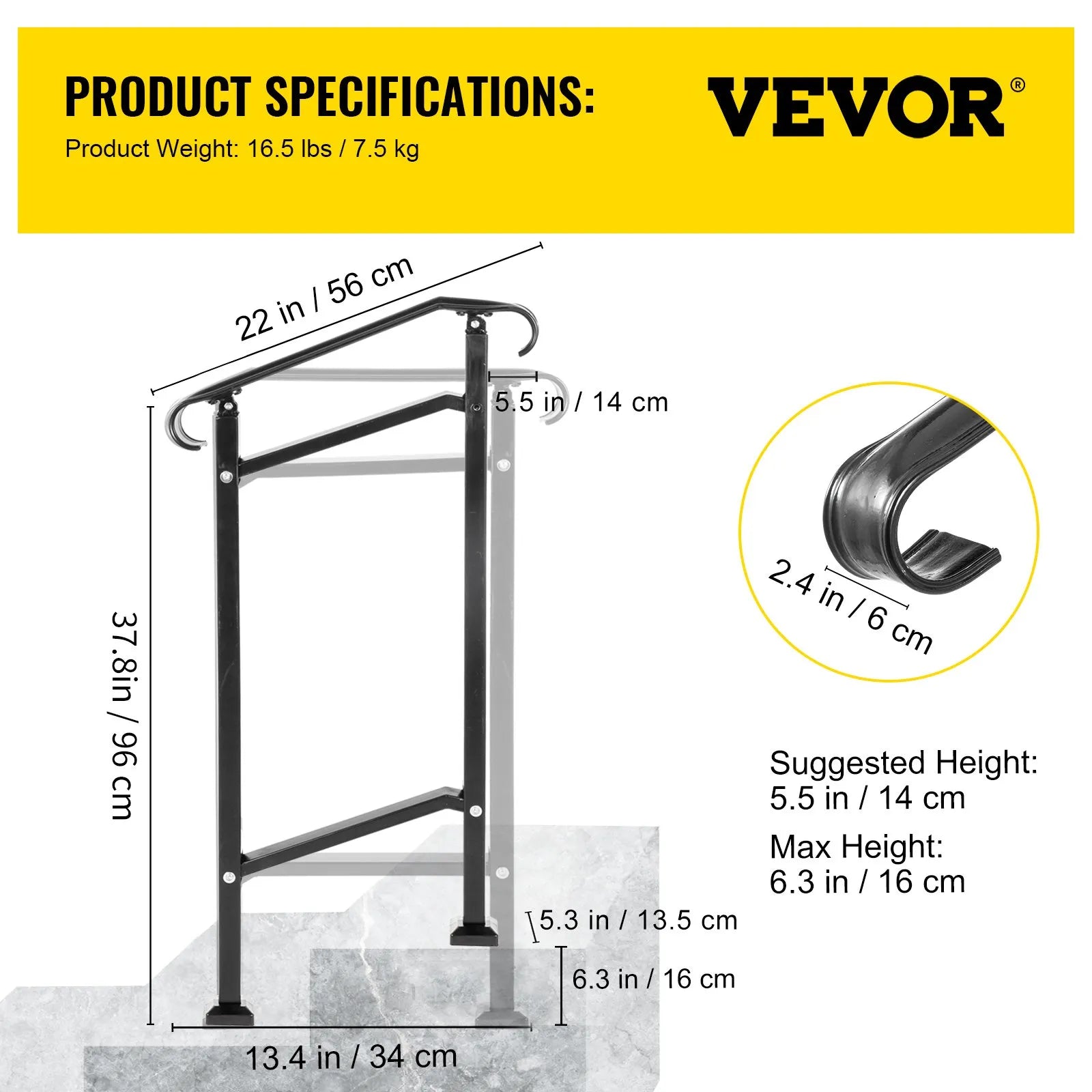 VEVOR Wrought Iron Handrail, Fit 1 or 2 Steps Outdoor Stair Railing, Adjustable Front Porch Hand Rail, Black Transitional Hand railings for Concrete Steps or Wooden Stairs with Installation Kit