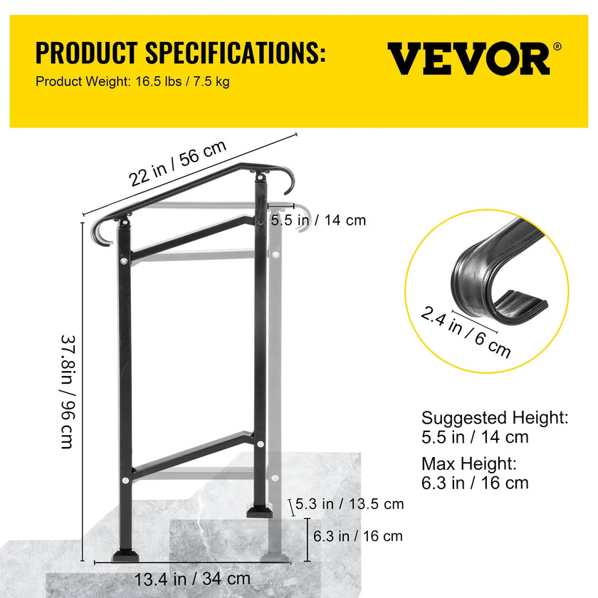 VEVOR Wrought Iron Handrail, Fit 1 or 2 Steps Outdoor Stair Railing, Adjustable Front Porch Hand Rail, Black Transitional Hand railings for Concrete Steps or Wooden Stairs with Installation Kit