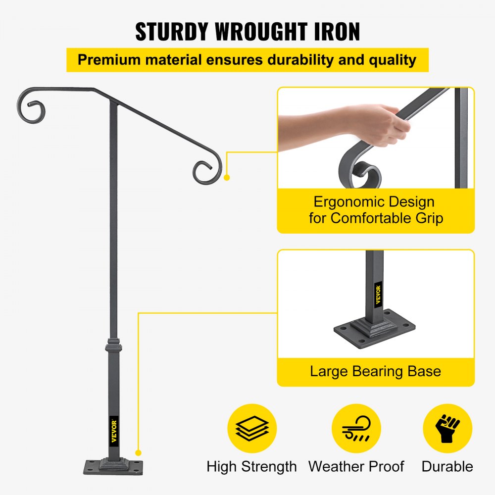 VEVOR Handrails for Outdoor Steps, Fit 1 or 2 Steps Outdoor Stair Railing, Single Post Wrought Iron Handrail, Gray Transitional Porch Railings for Concrete Steps or Wooden Stairs with Base