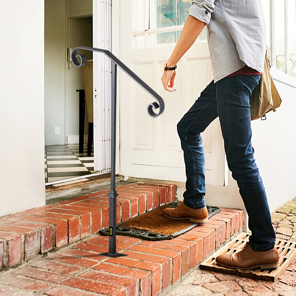 VEVOR Handrails for Outdoor Steps, Fit 1 or 2 Steps Outdoor Stair Railing, Single Post Wrought Iron Handrail, Gray Transitional Porch Railings for Concrete Steps or Wooden Stairs with Base