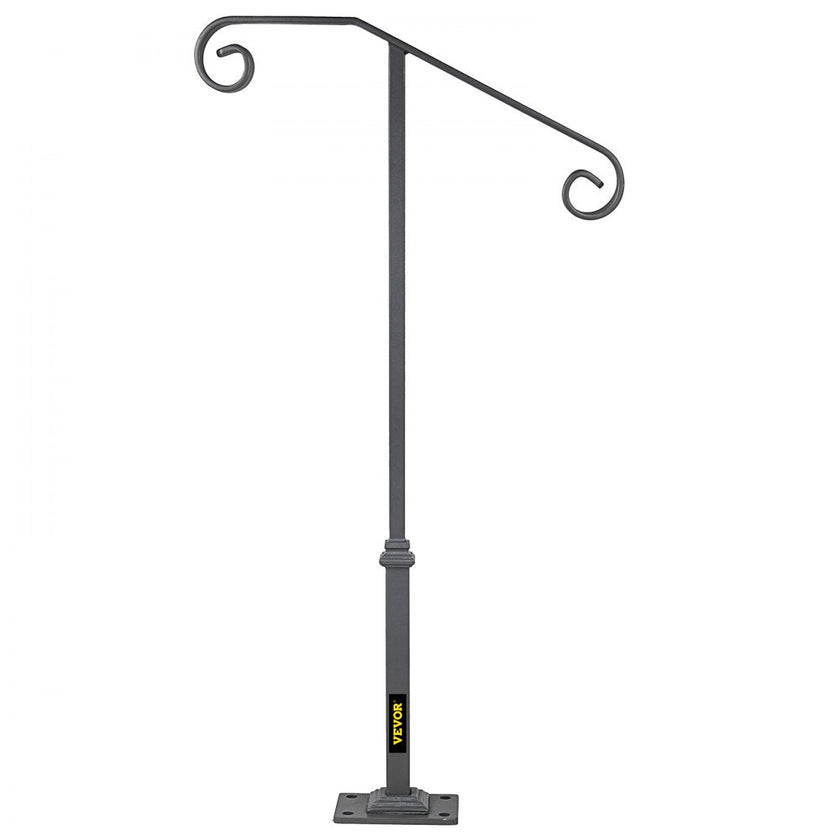 VEVOR Handrails for Outdoor Steps, Fit 1 or 2 Steps Outdoor Stair Railing, Single Post Wrought Iron Handrail, Gray Transitional Porch Railings for Concrete Steps or Wooden Stairs with Base