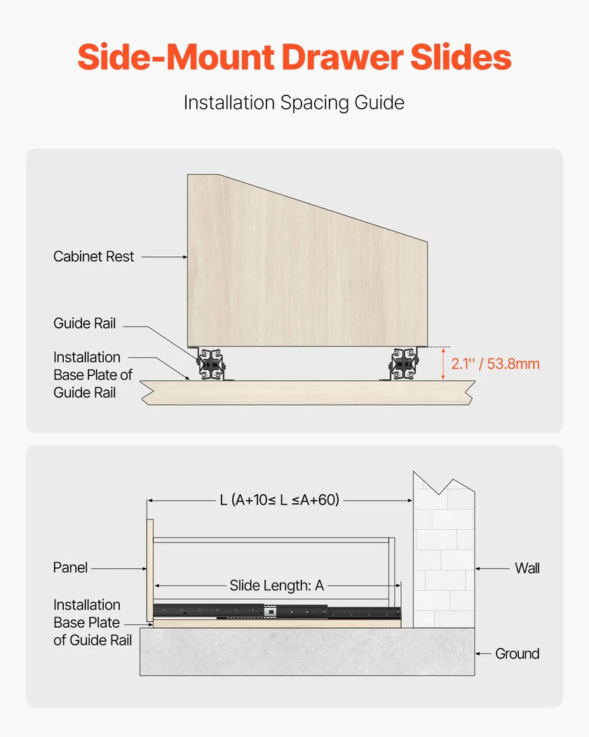 VEVOR Undermount Drawer Slides 16 inch Under Stair Cabinet Rails 260 LB Load
