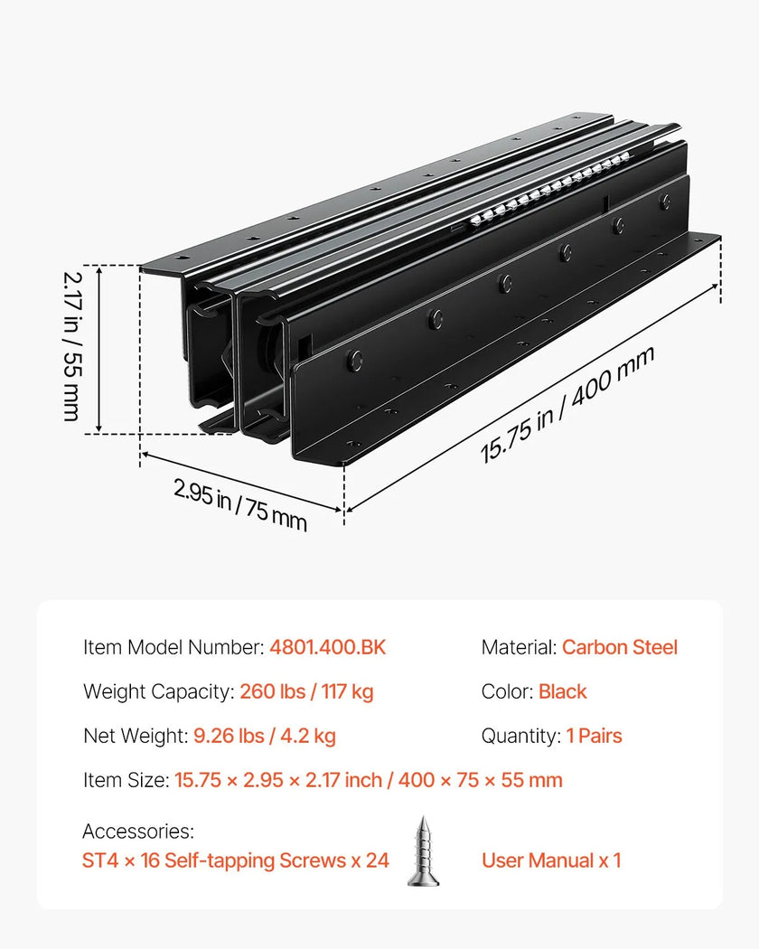 VEVOR Undermount Drawer Slides 16 inch Under Stair Cabinet Rails 260 LB Load