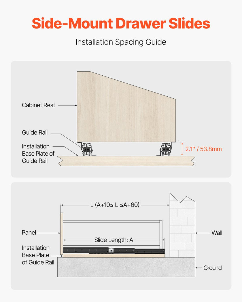 VEVOR Undermount Drawer Slides 24 inch Under Stair Cabinet Rails 260 LB Load
