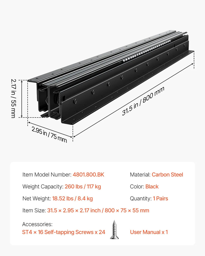 VEVOR Undermount Drawer Slides 32 inch Under Stair Cabinet Rails 260 LB Load