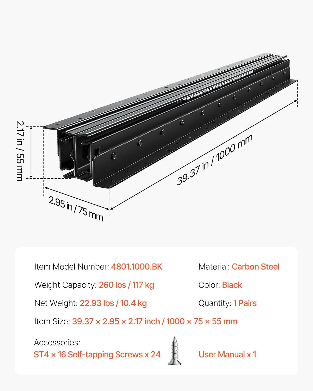 VEVOR Undermount Drawer Slides 40 inch Under Stair Cabinet Rails 260 LB Load