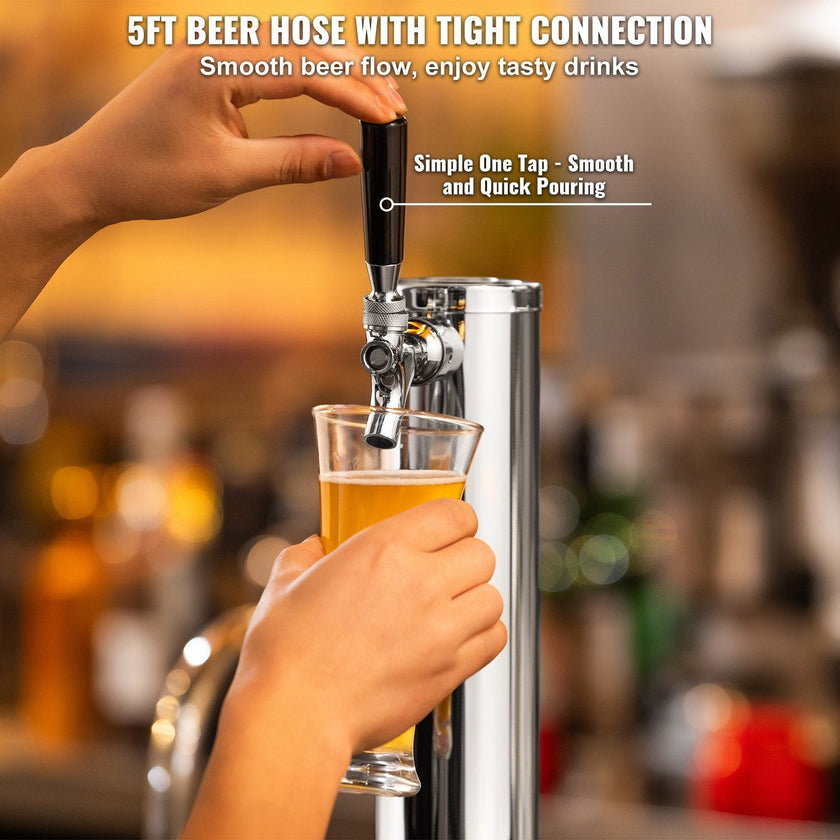 VEVOR Kegerator Tower Kit, Single Tap Beer Conversion Kit, Stainless Steel Keg Beer Tower Dispenser with Dual Gauge CGA320 Regulator & D-System Keg Coupler, Beer Drip Tray for Party Home