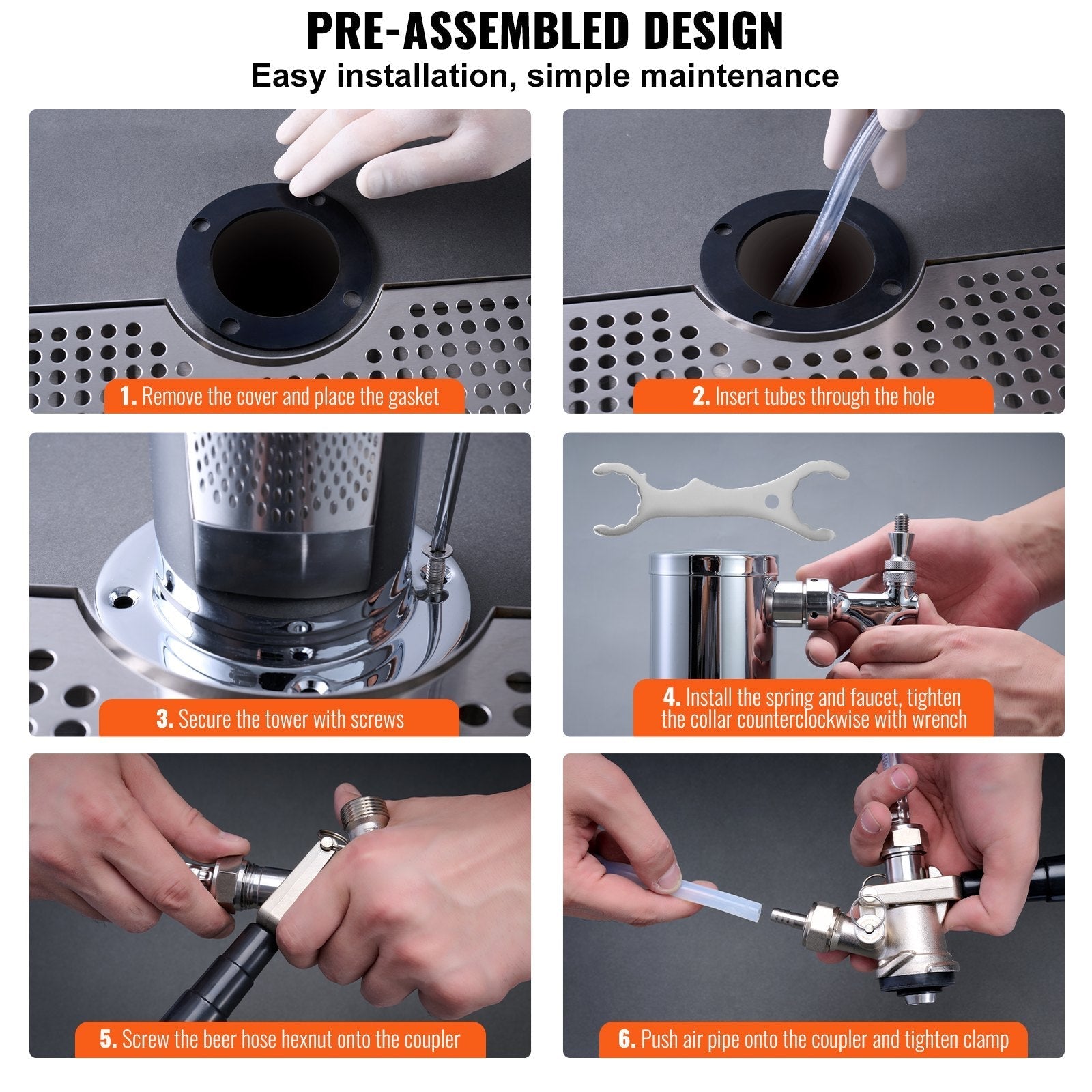 VEVOR Kegerator Tower Kit, Single Tap Beer Conversion Kit, Stainless Steel Keg Beer Tower Dispenser with Dual Gauge CGA320 Regulator & D-System Keg Coupler, Beer Drip Tray for Party Home
