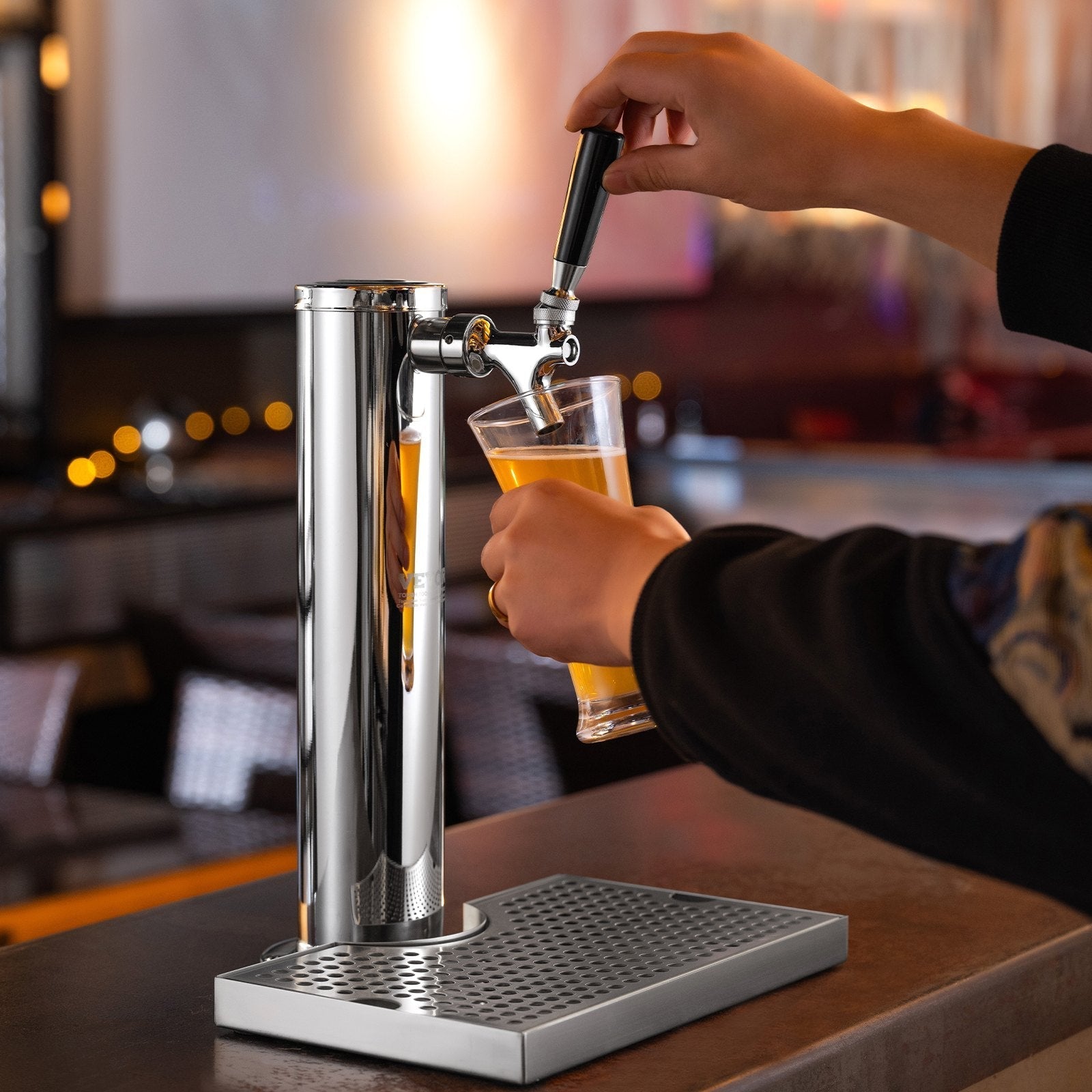 VEVOR Kegerator Tower Kit, Single Tap Beer Conversion Kit, Stainless Steel Keg Beer Tower Dispenser with Dual Gauge CGA320 Regulator & D-System Keg Coupler, Beer Drip Tray for Party Home