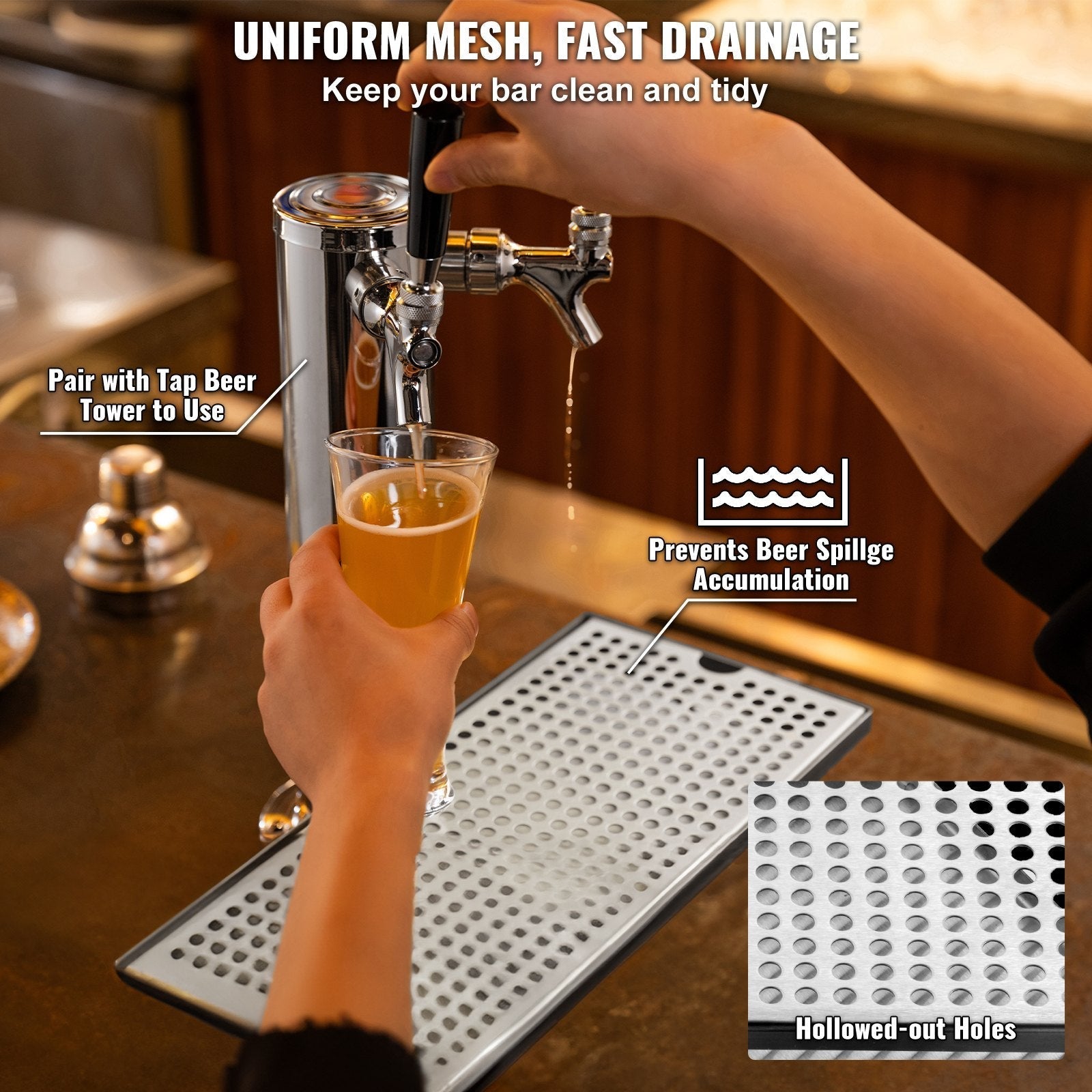 VEVOR Kegerator Beer Drip Tray, 304 Stainless Steel Keg Drip Trays with 4 Non-Slip Rubber Pads and Detachable Cover, Heat / Cold Resistant Beer Tower Drip Pan for Bar Restaurant Coffee Shop Home