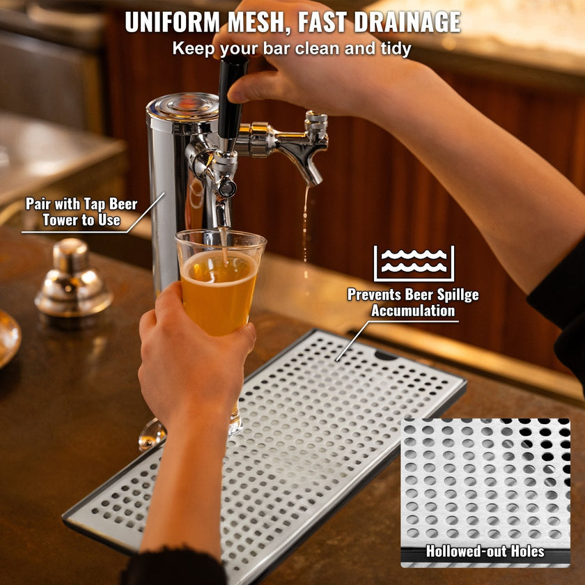 VEVOR Kegerator Beer Drip Tray, 304 Stainless Steel Keg Drip Trays with 4 Non-Slip Rubber Pads and Detachable Cover, Heat / Cold Resistant Beer Tower Drip Pan for Bar Restaurant Coffee Shop Home