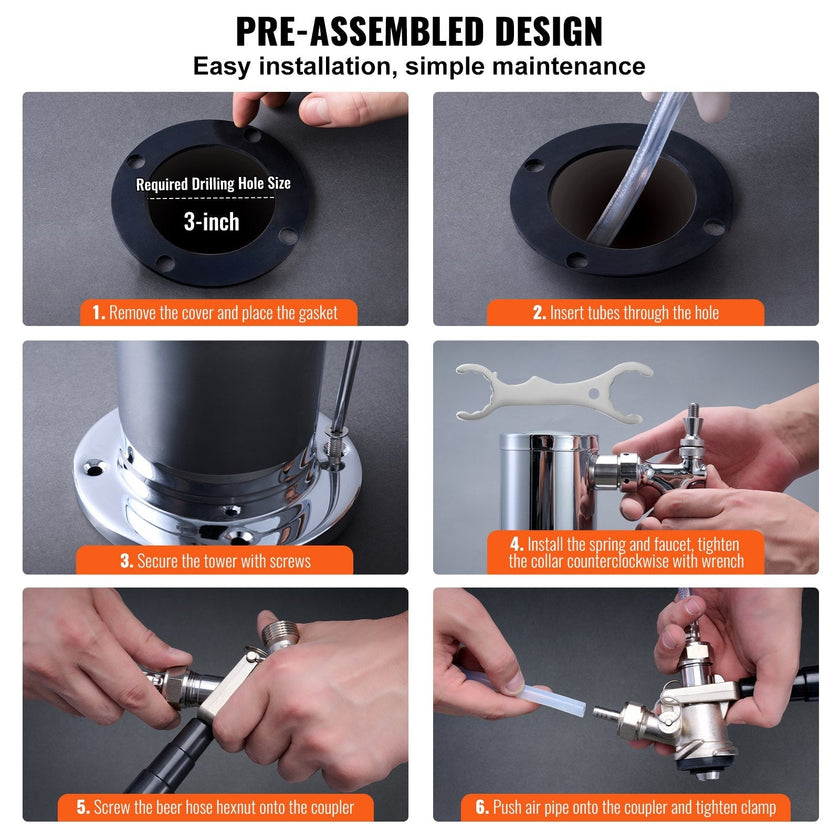 VEVOR Kegerator Tower Kit, Dual Taps Beer Conversion Kit, Stainless Steel Keg Beer Tower Dispenser with Dual Gauge CGA320 Regulator & D-System Keg Coupler, Self-Closing Spring for Party Bar Home
