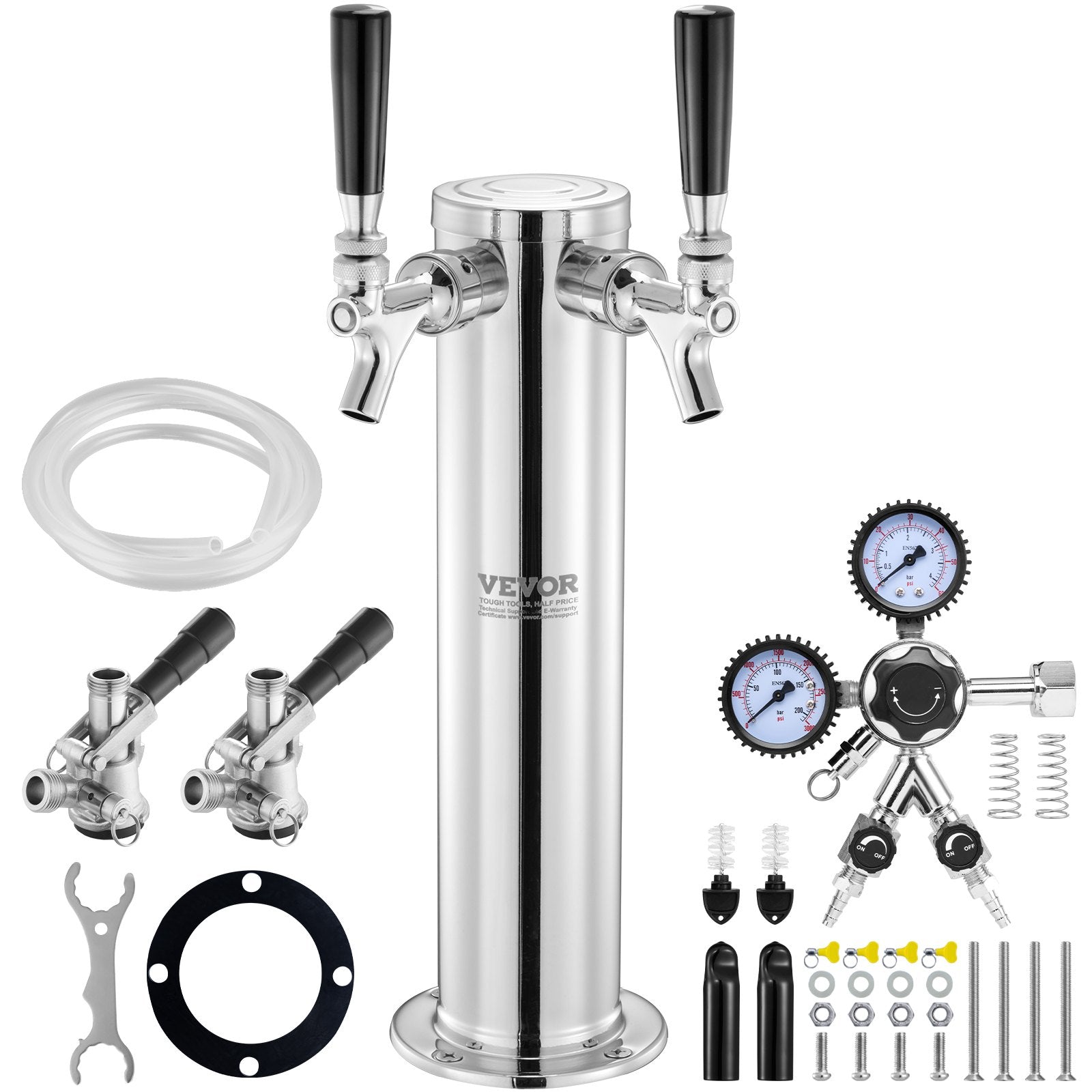 VEVOR Kegerator Tower Kit, Dual Taps Beer Conversion Kit, Stainless Steel Keg Beer Tower Dispenser with Dual Gauge CGA320 Regulator & D-System Keg Coupler, Self-Closing Spring for Party Bar Home