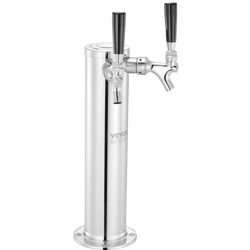 VEVOR Kegerator Tower Kit, Dual Taps Beer Conversion Kit, Stainless Steel Keg Beer Tower Dispenser with Dual Gauge CGA320 Regulator & D-System Keg Coupler, Self-Closing Spring for Party Bar Home