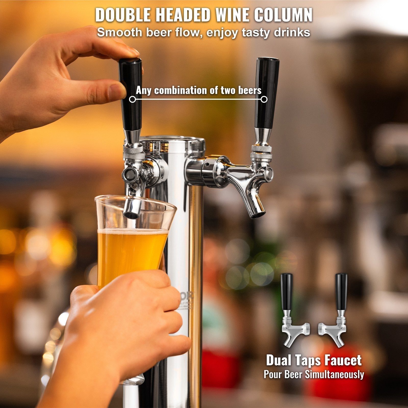 VEVOR Kegerator Tower Kit, Dual Taps Beer Conversion Kit, Stainless Steel Keg Beer Tower Dispenser with Dual Gauge CGA320 Regulator & D-System Keg Coupler, Beer Drip Tray for Party Home