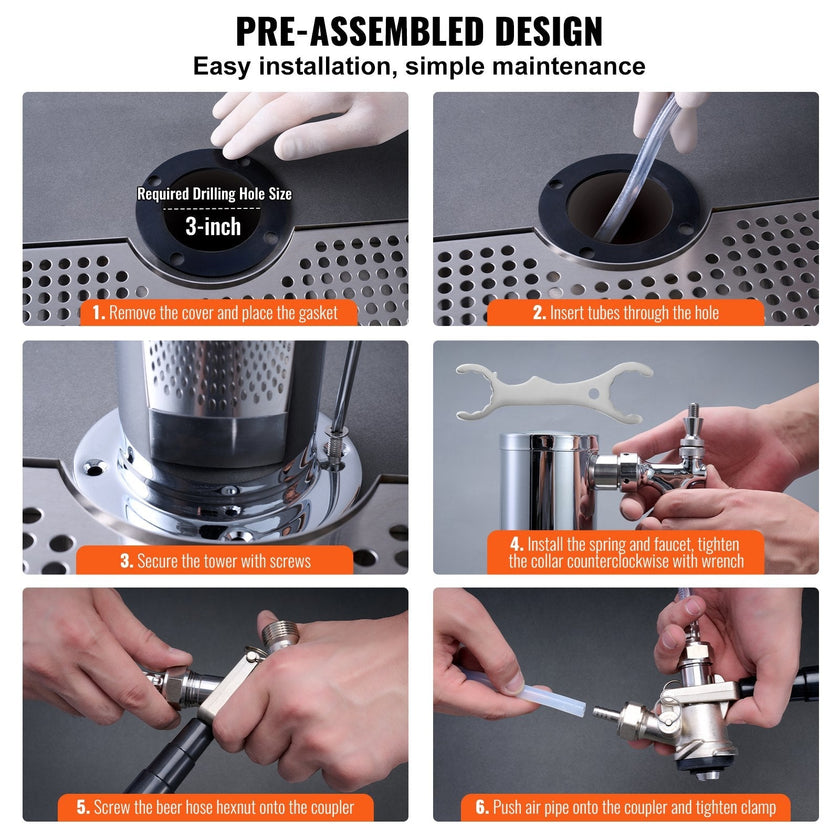 VEVOR Kegerator Tower Kit, Dual Taps Beer Conversion Kit, Stainless Steel Keg Beer Tower Dispenser with Dual Gauge CGA320 Regulator & D-System Keg Coupler, Beer Drip Tray for Party Home