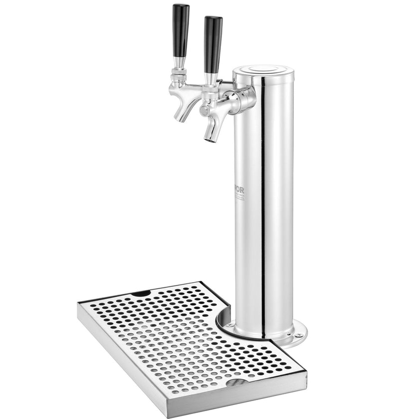 VEVOR Kegerator Tower Kit, Dual Taps Beer Conversion Kit, Stainless Steel Keg Beer Tower Dispenser with Dual Gauge CGA320 Regulator & D-System Keg Coupler, Beer Drip Tray for Party Home