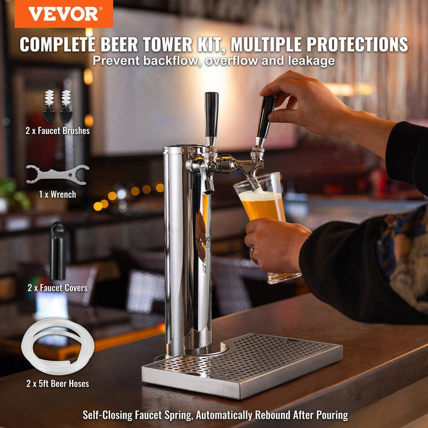 VEVOR Dual Taps Draft Beer Tower Dispenser, Stainless Steel Keg Beer Tower, Kegerator Tower Kit with Pre-Assembled Tubing and Self-Closing Faucet Shanks for Party, Bar, Pub, Restaurant