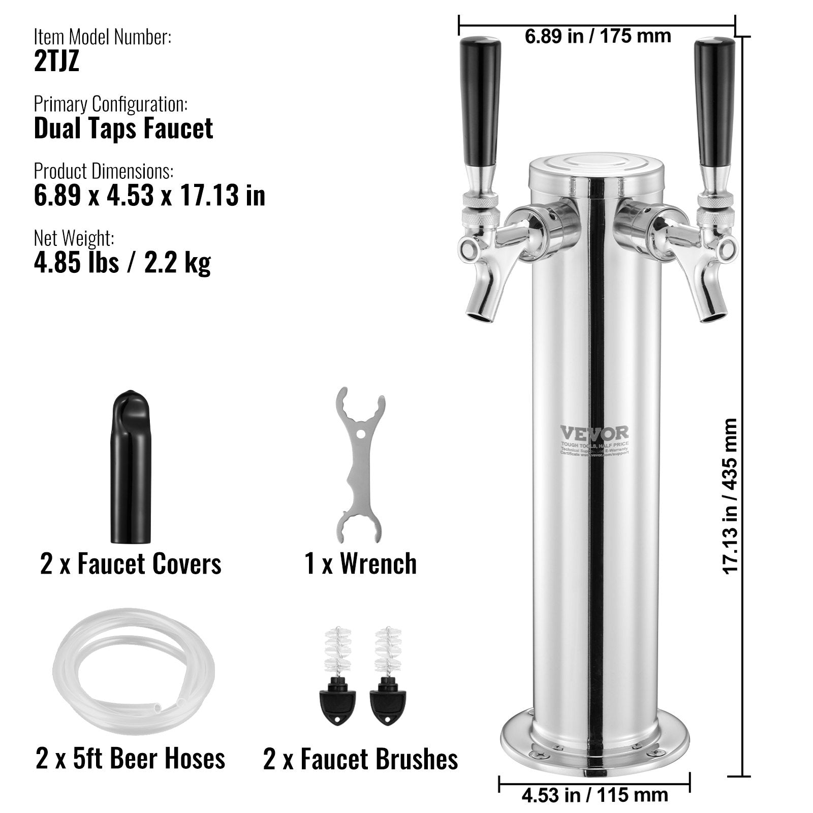 VEVOR Dual Taps Draft Beer Tower Dispenser, Stainless Steel Keg Beer Tower, Kegerator Tower Kit with Pre-Assembled Tubing and Self-Closing Faucet Shanks for Party, Bar, Pub, Restaurant