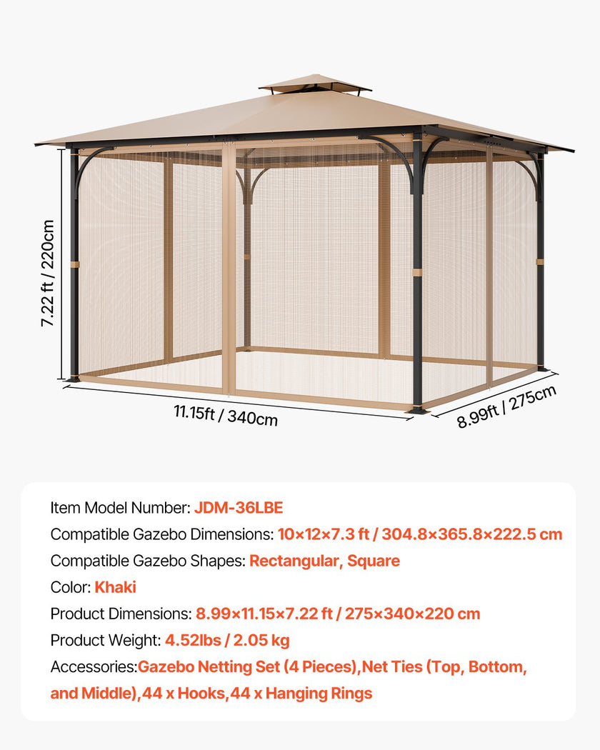 VEVOR Replacement Mesh Gazebo Netting Screen for 10x12x7.3 ft Patio, Net Only