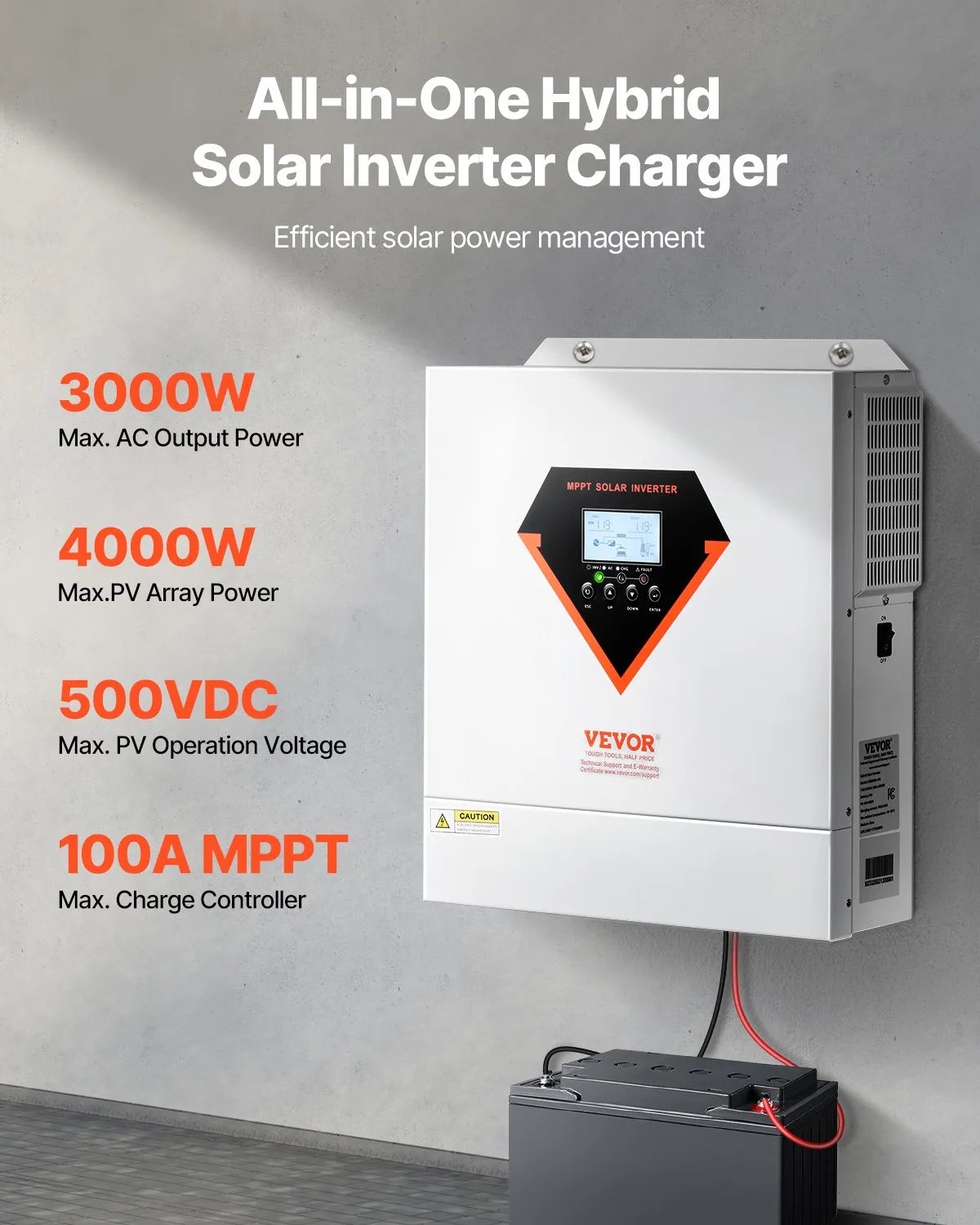 VEVOR Hybrid Solar Inverter Charger 3000W 110/120V Built-in 100A MPPT Controller