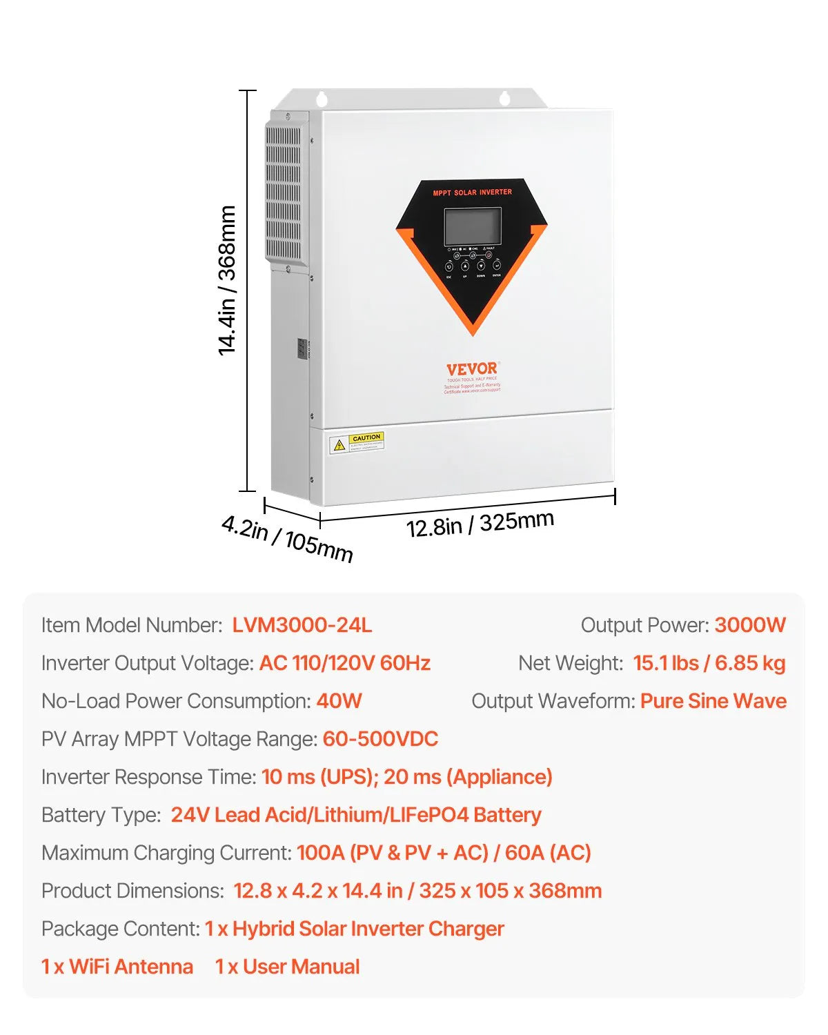 VEVOR Hybrid Solar Inverter Charger 3000W 110/120V Built-in 100A MPPT Controller