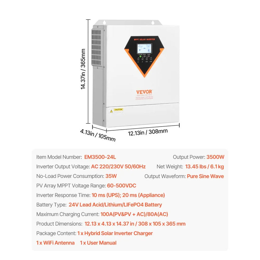 VEVOR Hybrid Solar Inverter Charger 3500W 220/230V Built-in 100A MPPT Controller
