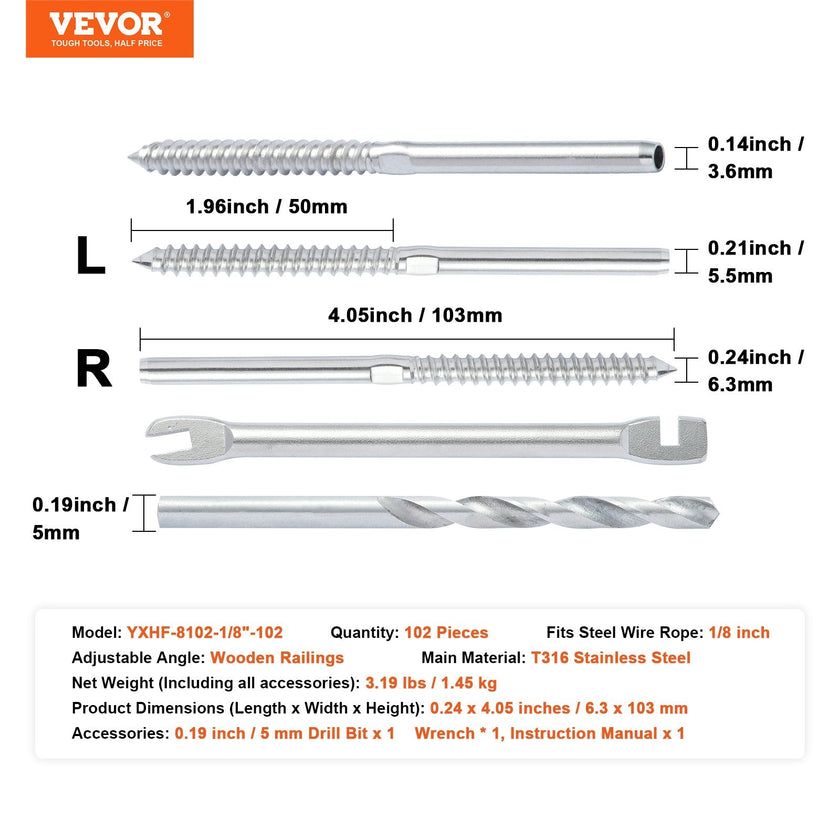 VEVOR 102 Pack Cable Railing Swage Threaded Stud Tension End Fitting Terminal for 1/8