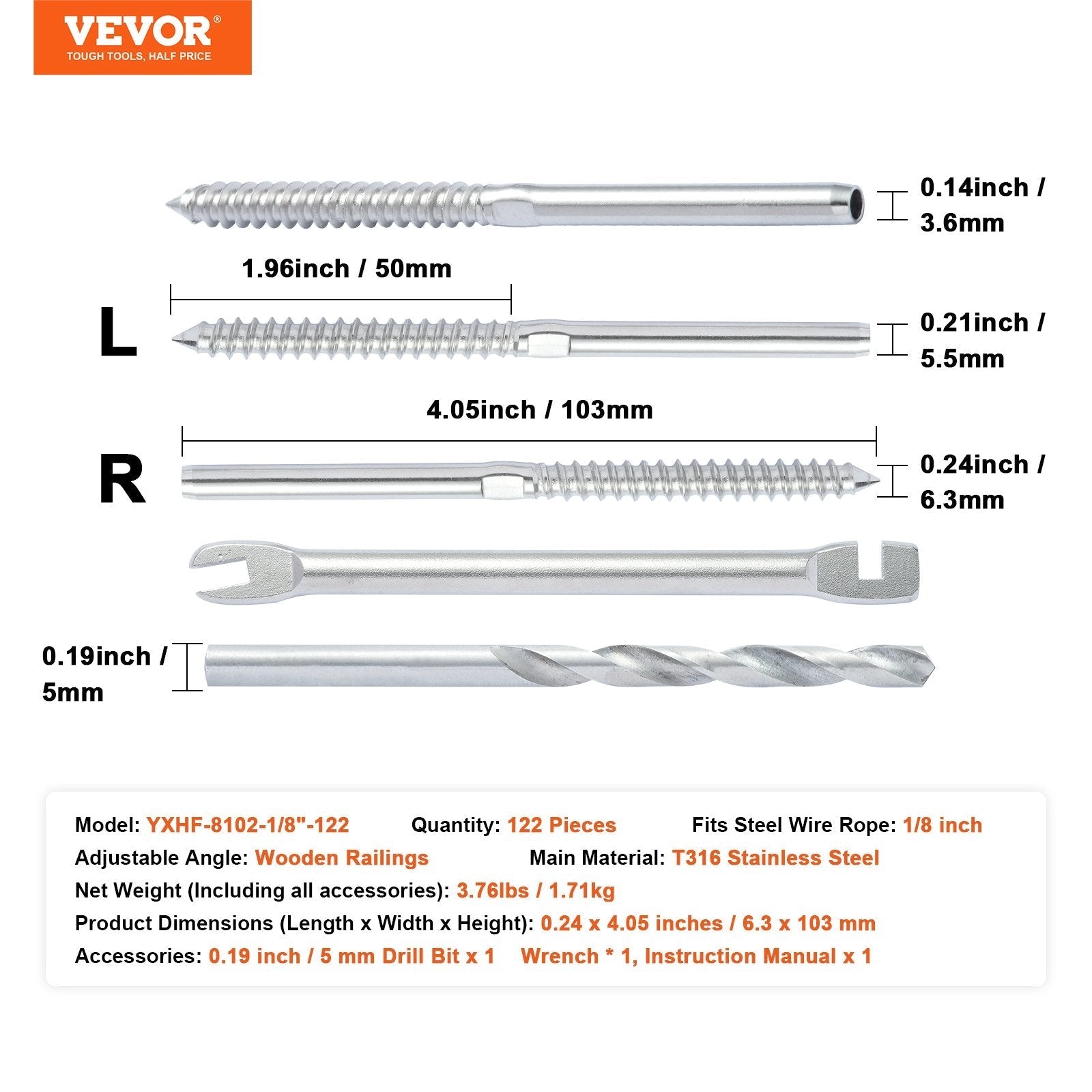 VEVOR 122 Pack Cable Railing Swage Threaded Stud Tension End Fitting Terminal for 1/8