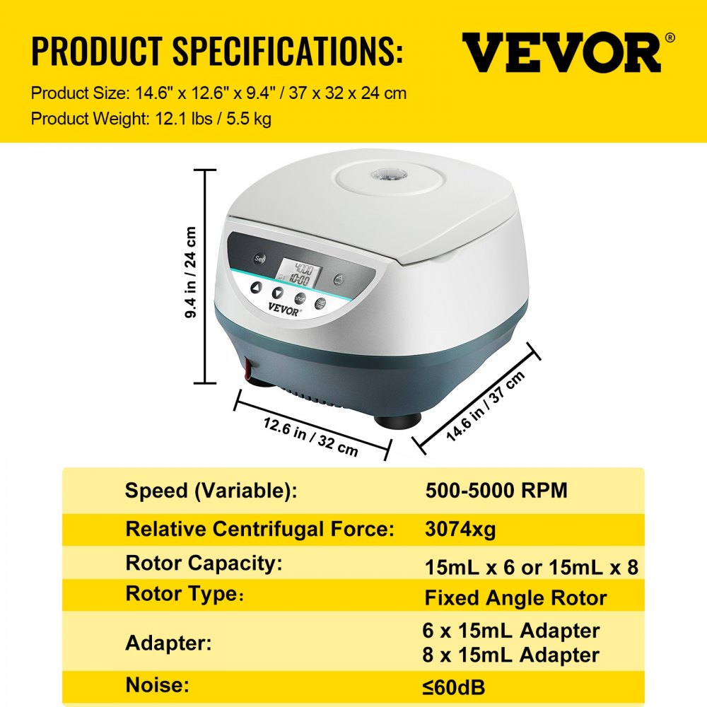 VEVOR Lab Benchtop Centrifuge, 8 x 15mL 500-5000 RPM LCD Centrifuge 10s-99min Desktop Centrifuge Machine Low Noise Mini Centrifuge Machine for Lab Hospital College, 3074xg RCF Max