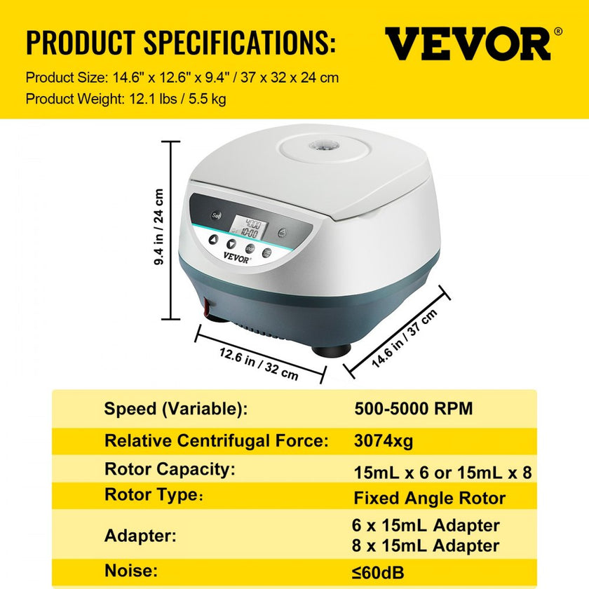 VEVOR Lab Benchtop Centrifuge, 8 x 15mL 500-5000 RPM LCD Centrifuge 10s-99min Desktop Centrifuge Machine Low Noise Mini Centrifuge Machine for Lab Hospital College, 3074xg RCF Max