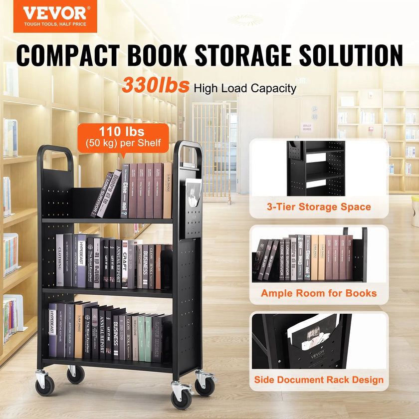 VEVOR Book Cart, 330 lbs Library Cart, 31.1
