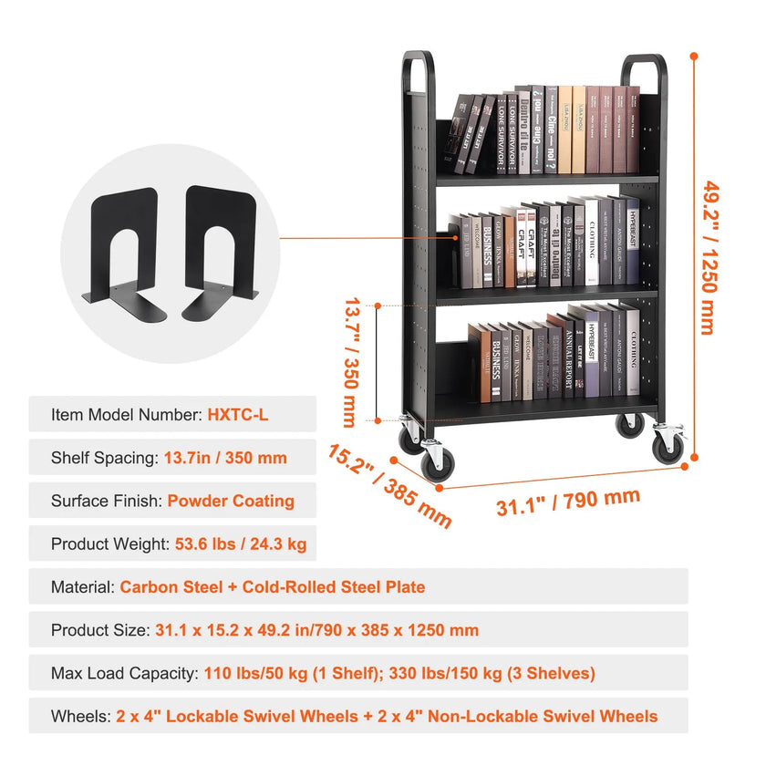 VEVOR Book Cart, 330 lbs Library Cart, 31.1