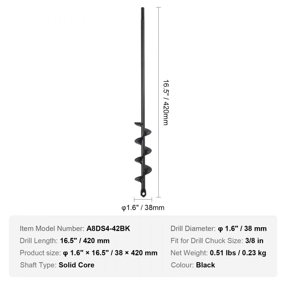 VEVOR Auger Drill Bit for Planting, 1.6 x 16.5 inch Garden Auger Drill Bit, Spiral Drill Bit for Bulbs Planting & Holes Digging, 3/8