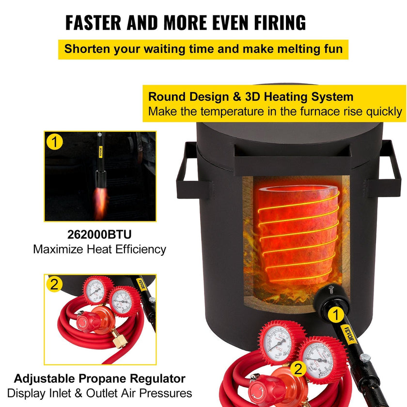 VEVOR Propane Melting Furnace, 2462°F, 6 KG Metal Foundry Furnace Kit with Graphite Crucible and Tongs, Casting Melting Smelting Refining Precious Metals Like Gold Silver Aluminum Copper Brass Bronze