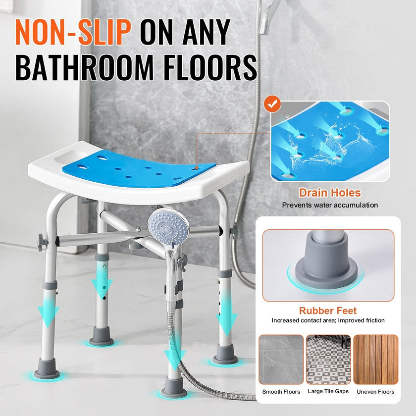VEVOR Shower Chair, Adjustable Height Shower Stool with Crossbar Support, Shower Seat for Inside Shower or Tub, Non-Slip Bench Bathtub Stool Seat for Elderly Disabled Handicap, 500 lbs Capacity