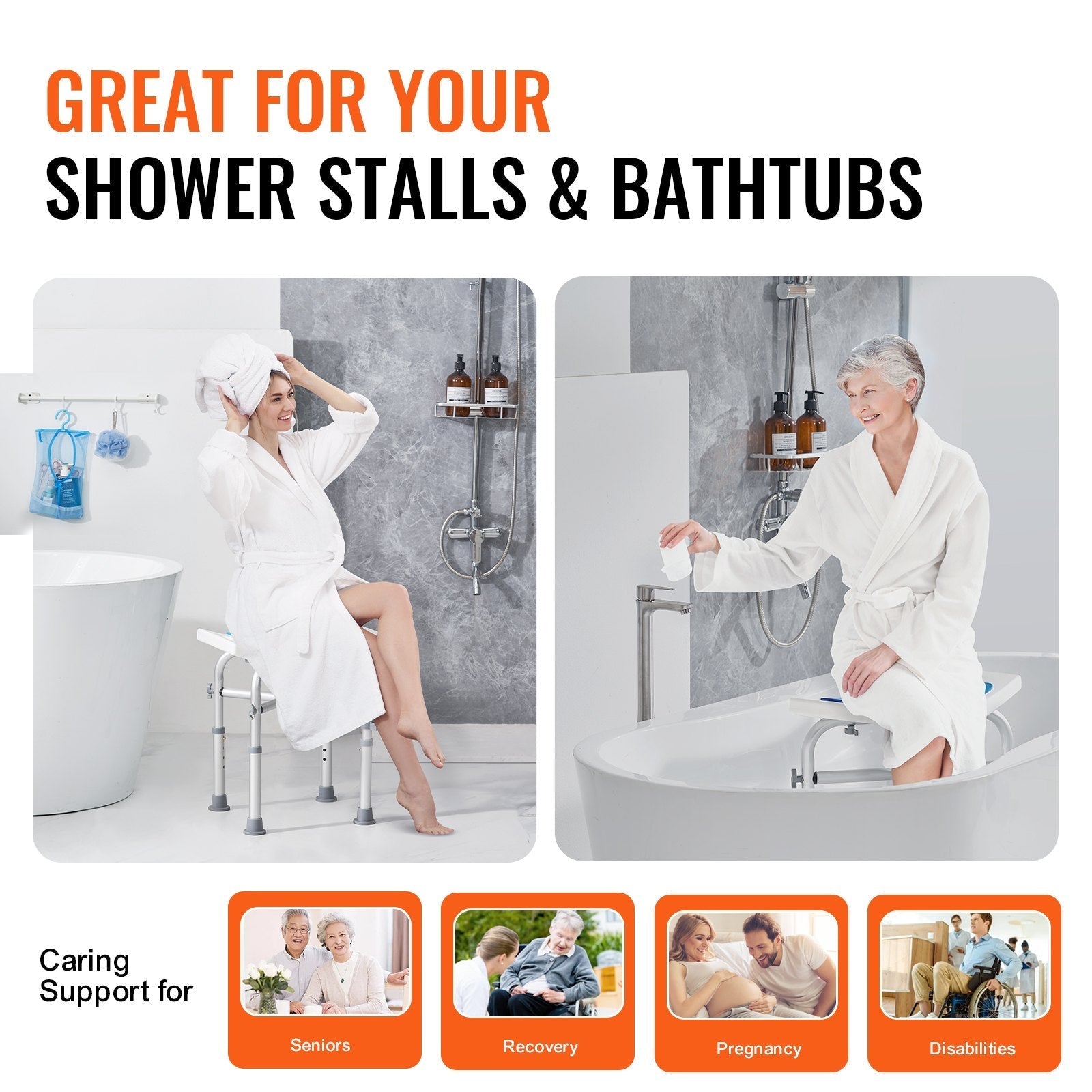 VEVOR Shower Chair, Adjustable Height Shower Stool with Crossbar Support, Shower Seat for Inside Shower or Tub, Non-Slip Bench Bathtub Stool Seat for Elderly Disabled Handicap, 500 lbs Capacity