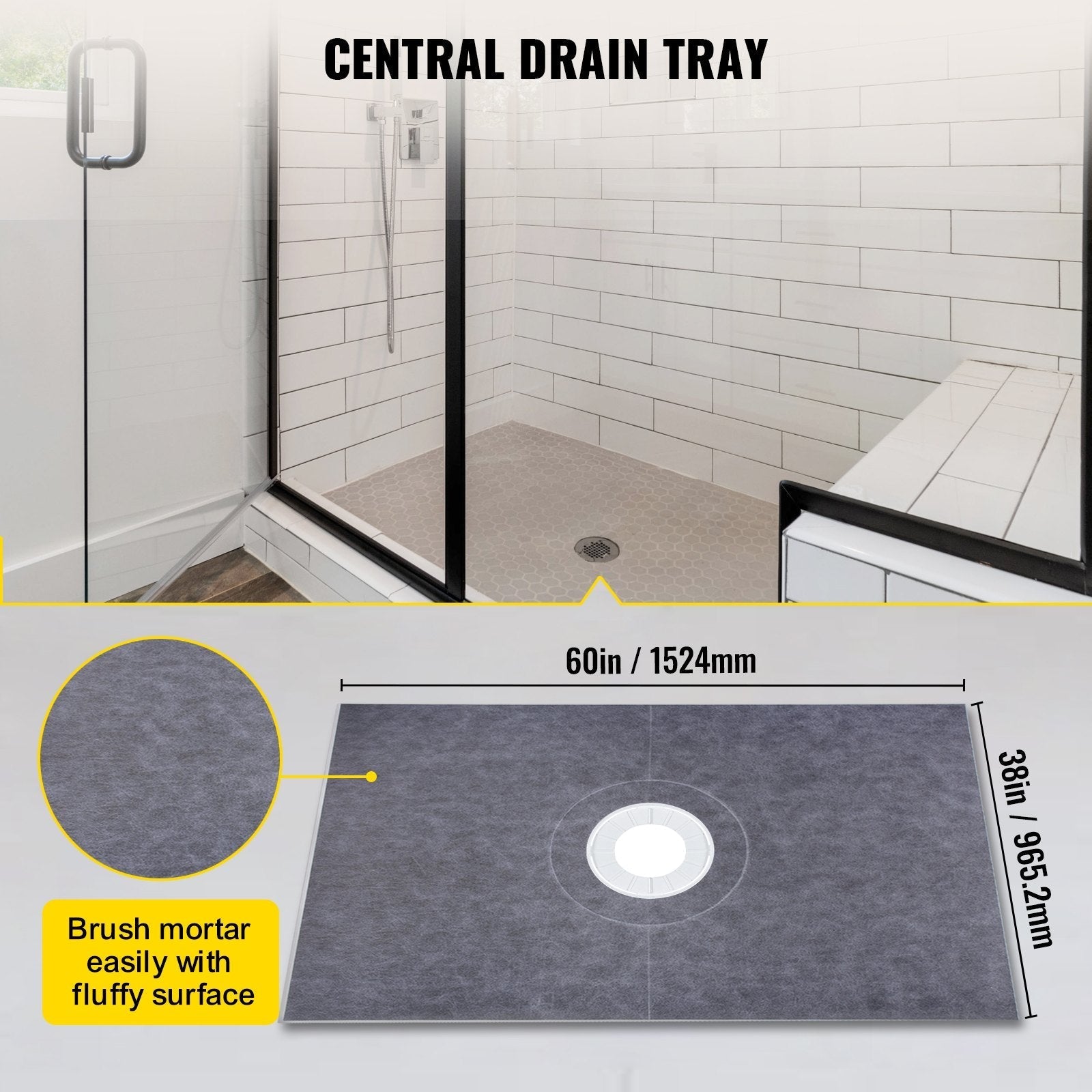 Vevor 38''x60'' Shower Kit With Shower Tray & Curb With Central Drain Kit Abs