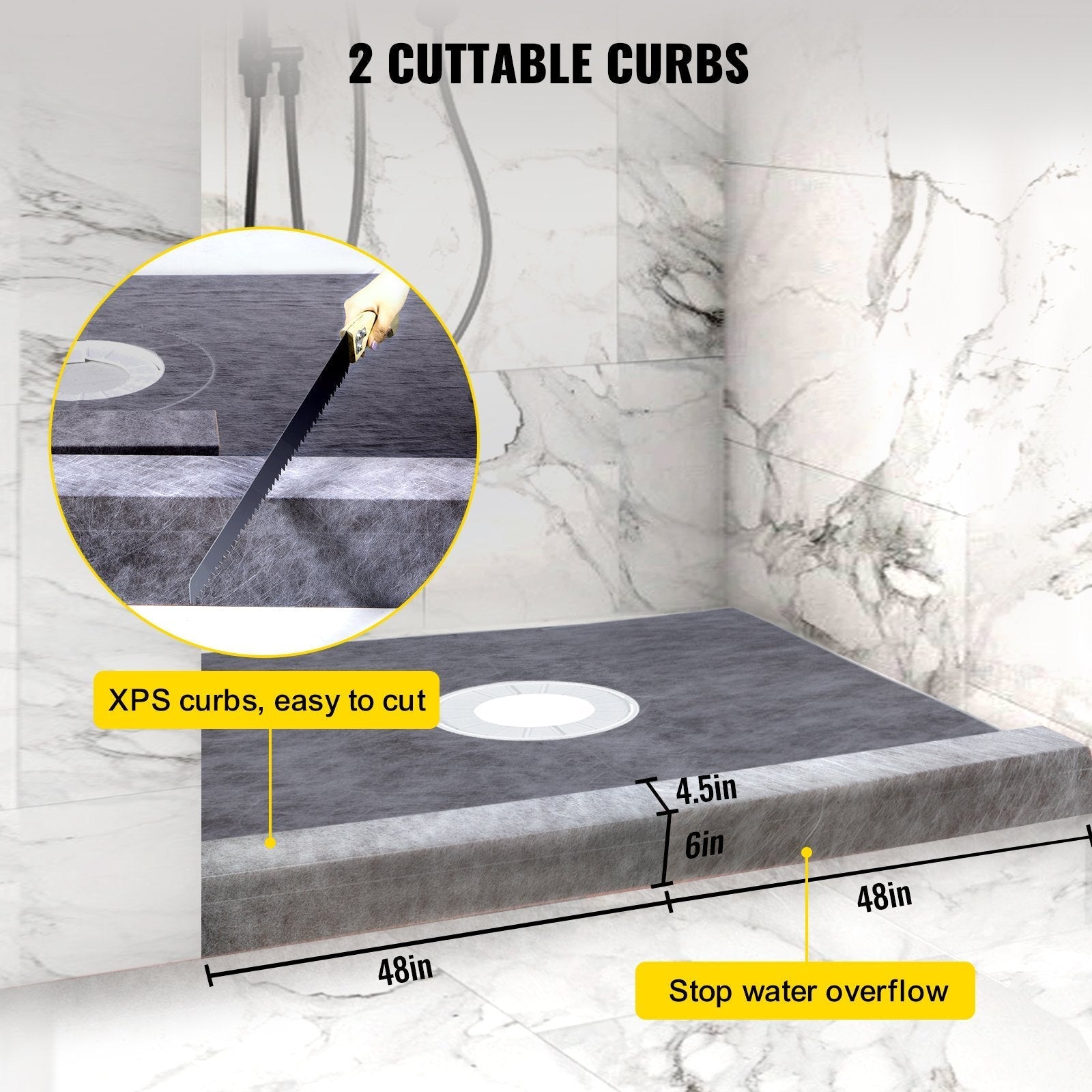 VEVOR 48''x48'' Waterproofing Shower Kit Shower Kit Tray with Central Drain ABS