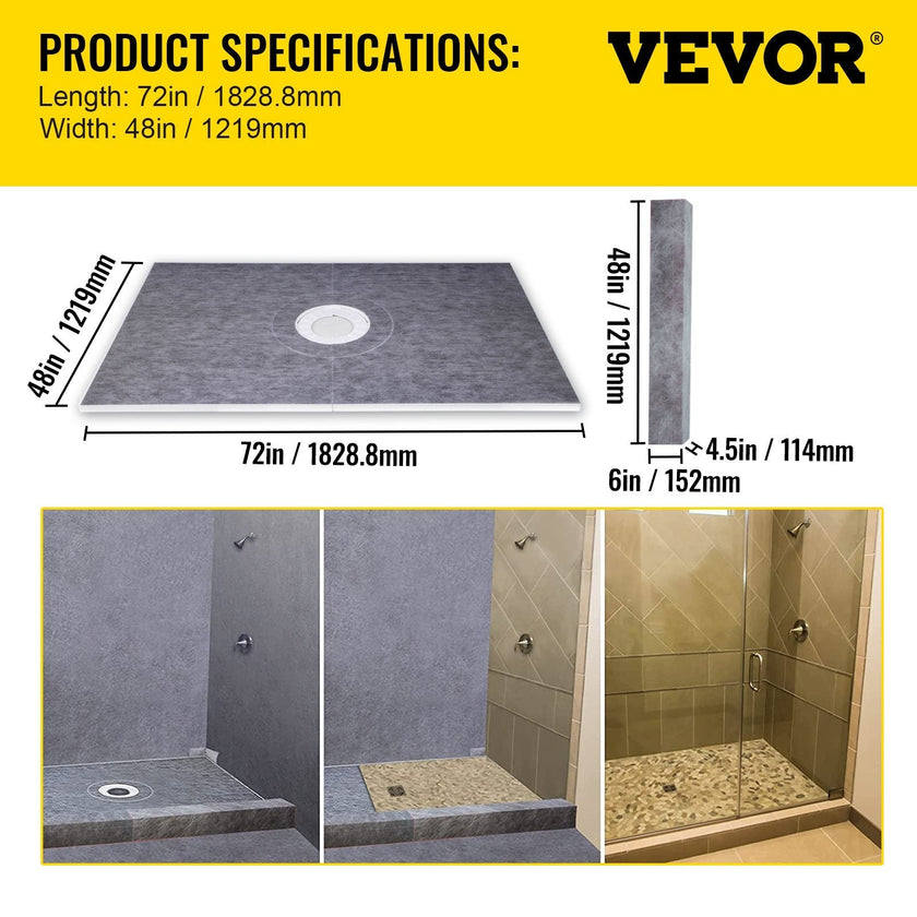 Vevor 48''x72'' Shower Kit With Shower Tray & Curb With Central Drain Kit Pvc