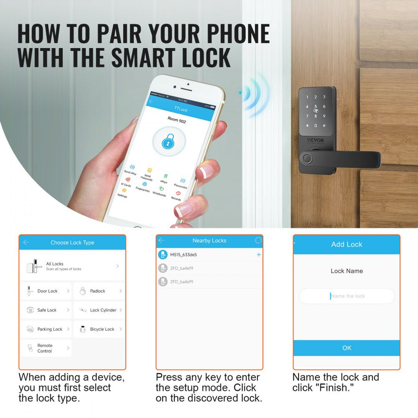 VEVOR Smart Lock, 5-in-1 Smart Door Knob, Fingerprint Deadbolt with App Control, Keyless Entry Door Lock with Handle, Bluetooth Smart Lock, Biometric Door Lock, Keypad Digital Door Lock for Front Door