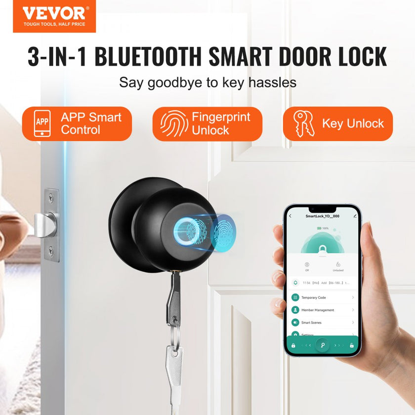 VEVOR Smart Door Knob, Fingerprint Smart Lock with APP Control, Biometric Door Lock Bluetooth Smart Lock, Easy Installation Door Lock, for Home Bedrooms, Cloakroom, Hotels, Apartments Offices, Black