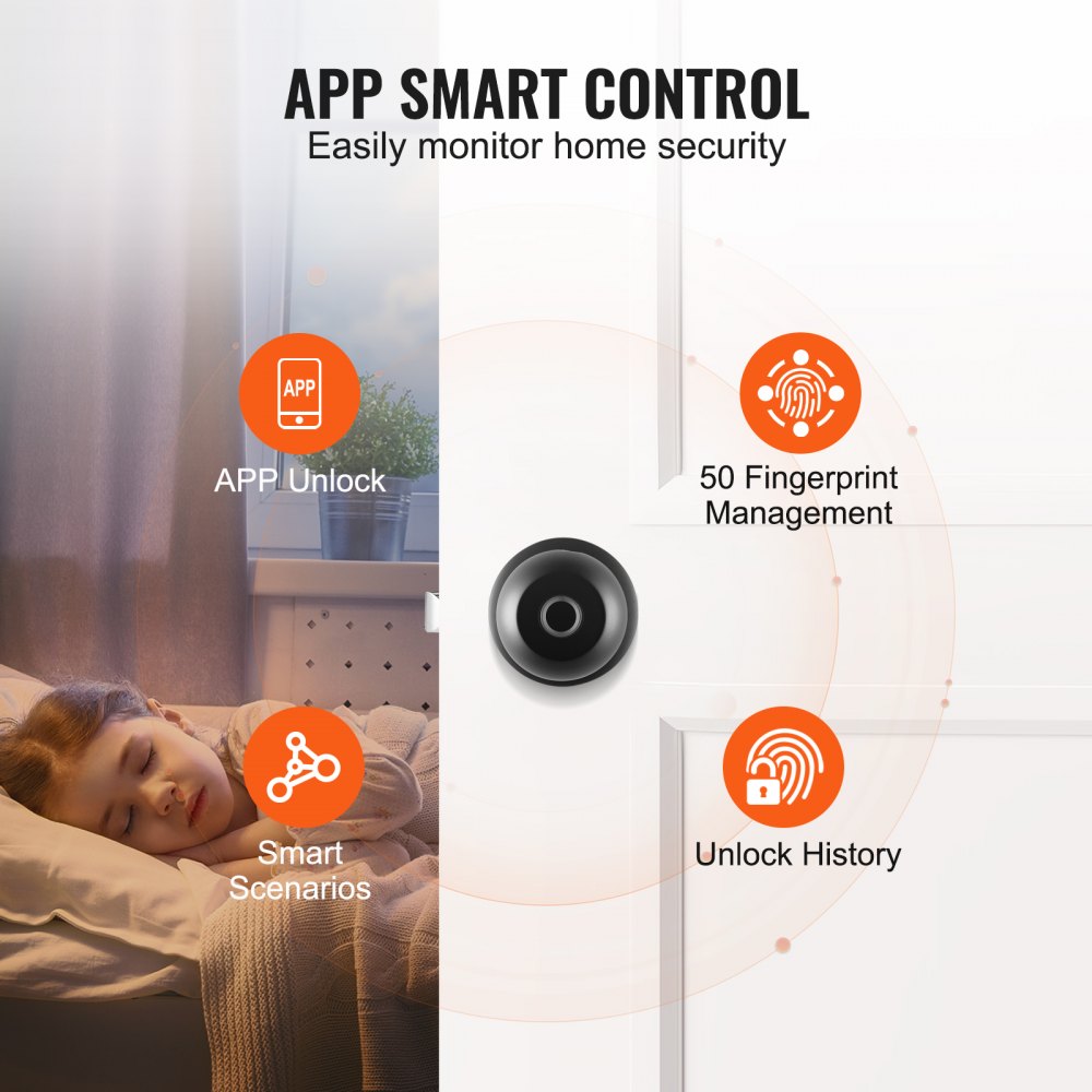 VEVOR Smart Door Knob, Fingerprint Smart Lock with APP Control, Biometric Door Lock Bluetooth Smart Lock, Easy Installation Door Lock, for Home Bedrooms, Cloakroom, Hotels, Apartments Offices, Black