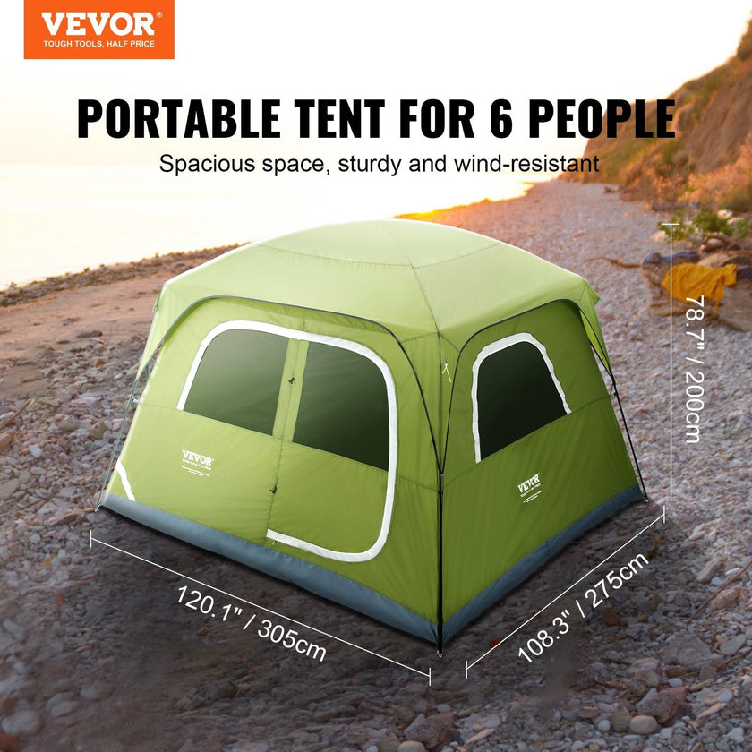 VEVOR Camping Tent, 10 x 9 x 6.5 ft Fit for 6 Person, Waterproof Lightweight Backpacking Tent, Easy Setup, with Door and Window, for Outdoor Family Camping, Hiking, Hunting, Mountaineering Travel