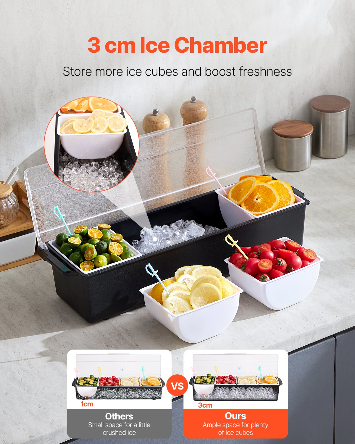 VEVOR Chilled Condiment Server 4 Compartment Cold Serving Tray with Clear Lid